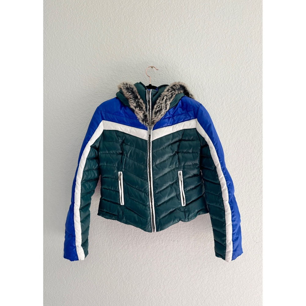 Blanc Noir Womens Colorblock Puffer Jacket Green Blue Fur Hood Size M